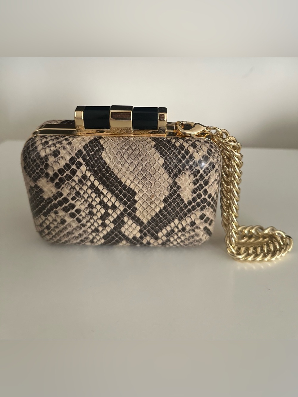 C. Wonder Neutral Snake-Print Hardcase Clutch with Gold Chain